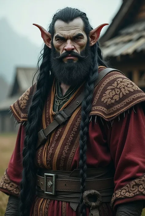 a medieval Russian orc with grey skin, long black braided hair, a goatee beard without a mustache, wearing traditional Russian clothing