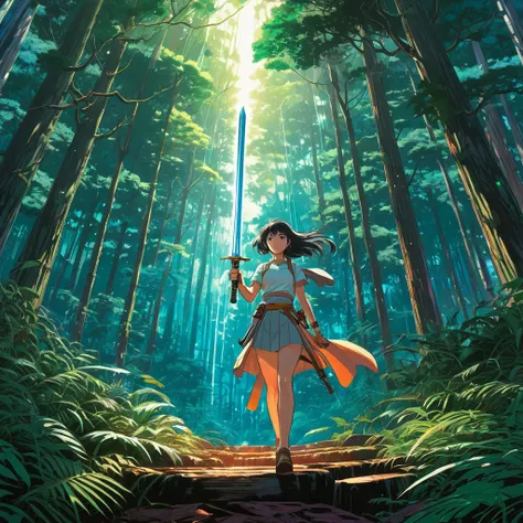 a magical sword levitating in a forest, an anime drawing, trending on Artstation, serial art, martin ansin artwork, at nighttime, dan mumford , disco elysium artwork, makoto sinkai, detailed anime artwork, bright colors, dark tones, intricate details, ener...