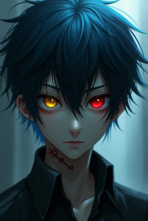 A dark-haired boy with a yellow eye and a red eye, dark skin and light blue hair, a scar on the neck