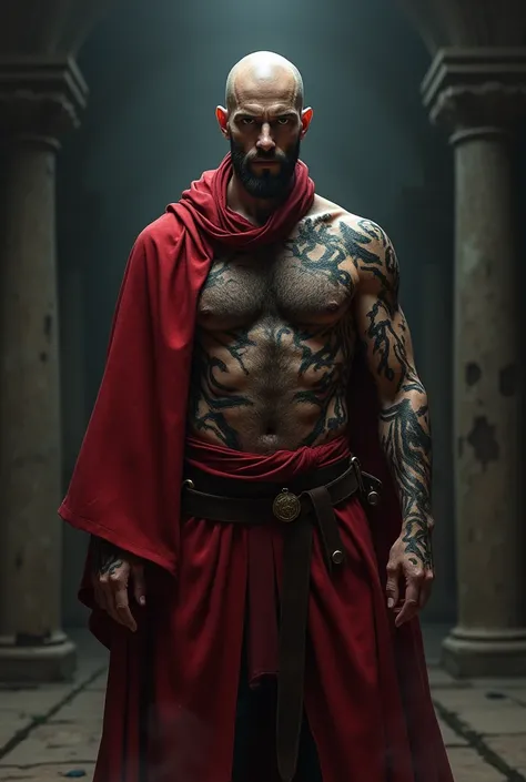 a bald, beardless human wizard, wearing a red tunic and full of black marks on his body