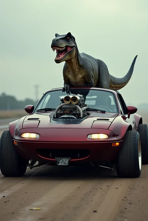 1995 Mazda Miata with the world&#39;s largest engine and super hyper mega high springs, with open headlights and a dinosaur inside