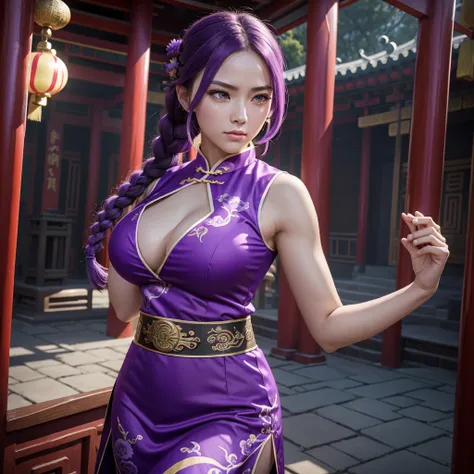 Beautiful Caucasian woman. Fitness body. Big round breasts. Just a woman. Alone. Western woman. Long hair with 1 braid. Purple hair. Bright purple eyes. Woman cosplaying as a kung fu fighter. She is wearing a traditional Chinese cheongsan dress in purple w...