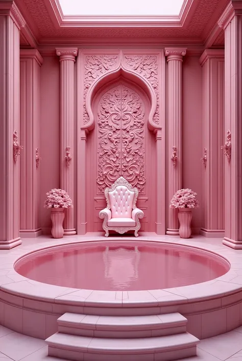 (photorealism:1.2), A very large pink Jacuzzi pool in pink luxurious bathroom of pink palace with a pink throne inside the jacuzzi, a beautiful pink sign "Harem del sultán" on the back wall, realistic, intricate details