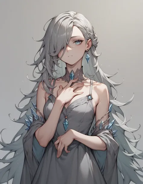 long long grey hair girl, right hand colored in grey, grey dress, no right eye no mouth, neck and entire face colored in silvery grey except for a spot surrounding her left eye, crystal under her eye, whole body visible