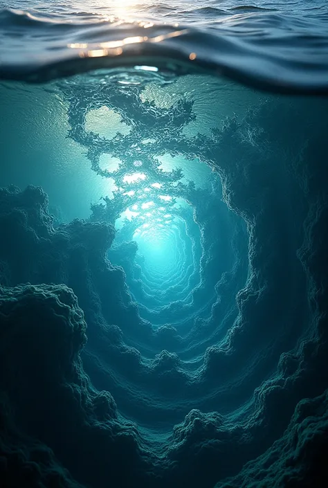 is a fractal pattern that shifts and changes with the tide. The camera dives beneath the surface, exploring the fractal designs within the waves, then breaks through to the surface, where the contrast between the glowing ocean and the dark sky creates a st...