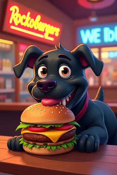 Create an ad for hamburgers and hotdogs with the title Rockoburgers with a friendly black pitbull dog eating a cartoon-style hamburger 
