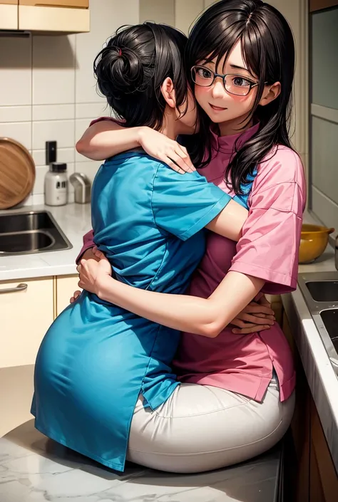 doraemon and nobita’s mother hugging with each other in kitchen in romantaic way