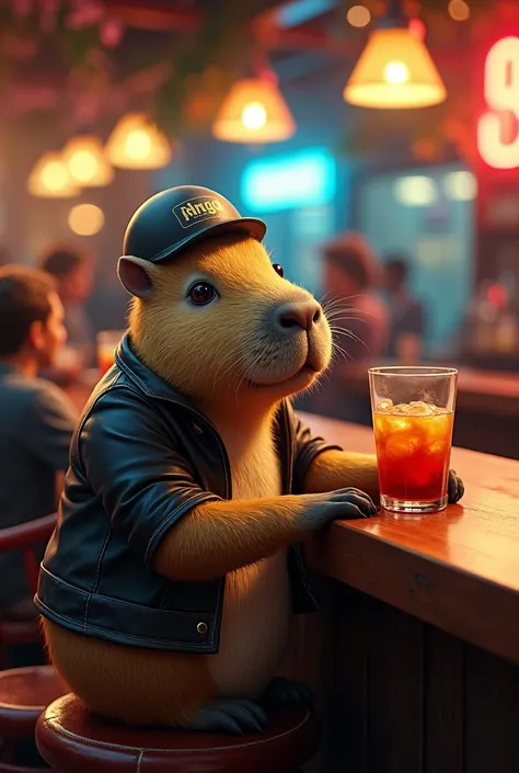 Motorcyclist capybara drinking pinga at the bar