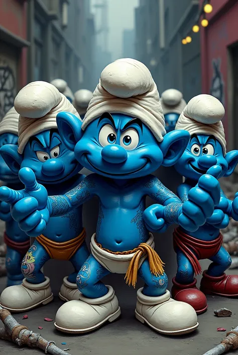 Smurfs with tattoos Giving someone the finger, gangster