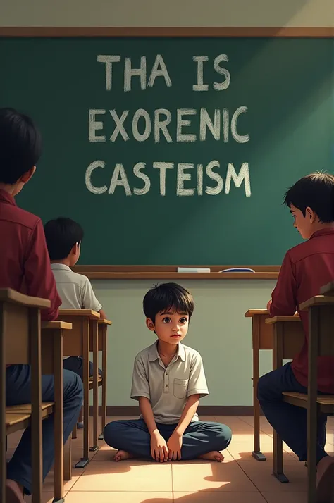 Create and image of a boy sitting in classroom on floor and other students on bench and show a board on backside with messege written on it as bold letters ALL EYES ON RESERVATION BUT NOT ON CASTISM LETS PROTEST TO REMOVE CASTISM  