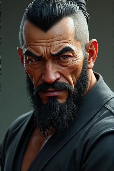 man, Japanese, mature, muscular face with beard, an intimidating look with a convinced smile.