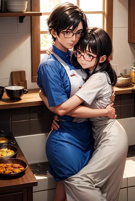 Gian and nobita’s mother hugging with each other in kitchen in romantaic way