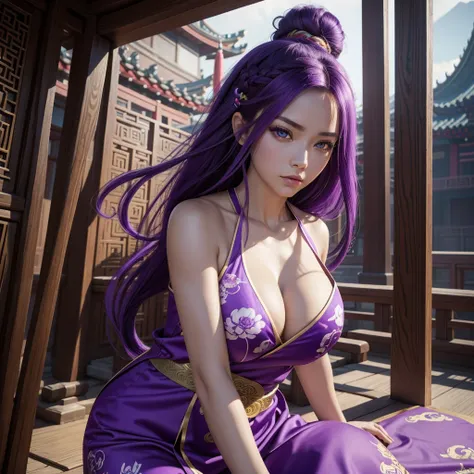 Beautiful Caucasian woman. Fit body. Big round breasts. Just one woman. Alone. Western woman. Long hair with 1 braid. Purple hair. Bright purple eyes. Woman cosplaying as a kung fu fighter. She is wearing a traditional Chinese cheongsan dress in purple wit...