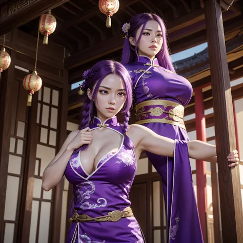 Beautiful Caucasian woman. Fit body. Big round breasts. Just one woman. Alone. Western woman. Long hair with 1 braid. Purple hair. Bright purple eyes. Woman cosplaying as a kung fu fighter. She is wearing a traditional Chinese cheongsan dress in purple wit...