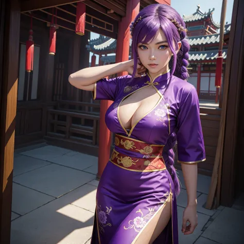 Beautiful Caucasian woman. Fit body. Big round breasts. Just one woman. Alone. Western woman. Long hair with 1 braid. Purple hair. Bright purple eyes. Woman cosplaying as a kung fu fighter. She is wearing a traditional Chinese cheongsan dress in purple wit...