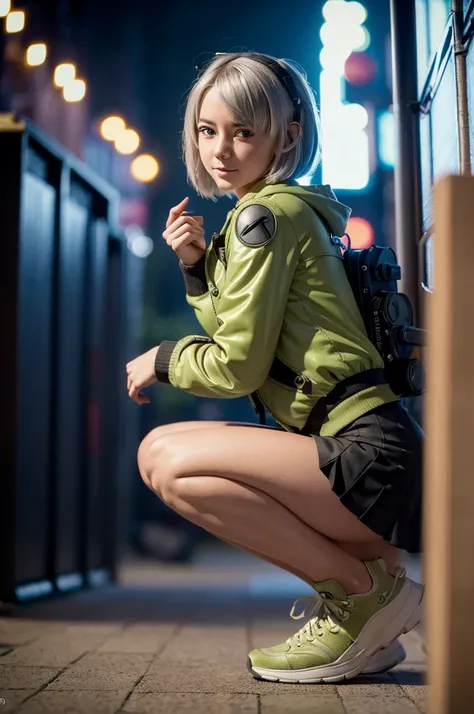 A young girl in realistic portrait of high quality and detail, movie style, Anby Demara (Zenless Zone Zero), She has short silver hair and light brown eyes. She wears a short black skirt and a green suit with a backpack on her back, long black knee socks a...