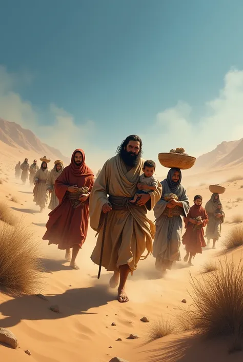 Biblical character Jacob fleeing with 4 wives and 12 children