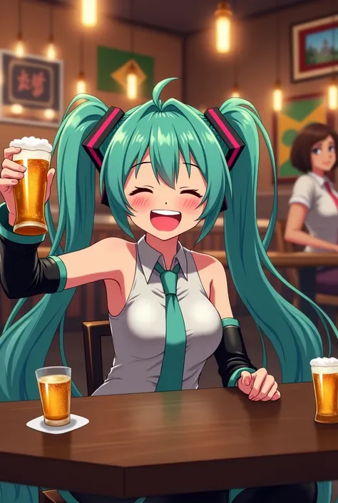 Drunk Hatsune Miku laughing with a silly smile and lifting a bottle of beer with her left hand while resting her right arm on the table.  She is in a traditional Brazilian bar. Full body imaging