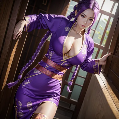 Beautiful Caucasian woman. Fit body. Big round breasts. Just one woman. Alone. Western woman. Long hair with 1 braid. Purple hair. Bright purple eyes. Woman cosplaying as a kung fu fighter. She is wearing a traditional Chinese cheongsan dress in purple wit...