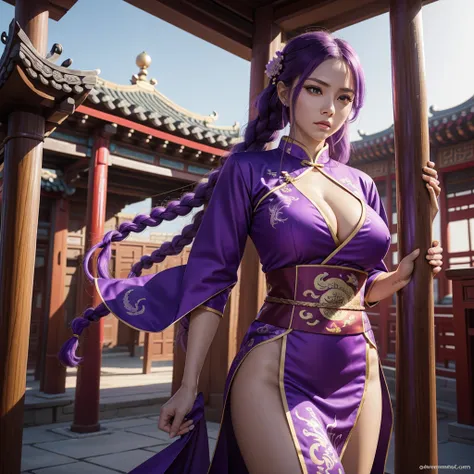 Beautiful Caucasian woman. Fit body. Big round breasts. Just one woman. Alone. Western woman. Long hair with 1 braid. Purple hair. Bright purple eyes. Woman cosplaying as a kung fu fighter. She is wearing a traditional Chinese cheongsan dress in purple wit...