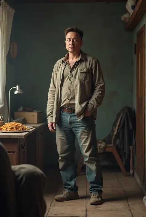 Create an image of Elon Musk being poor, in a simple place, wearing casual clothes