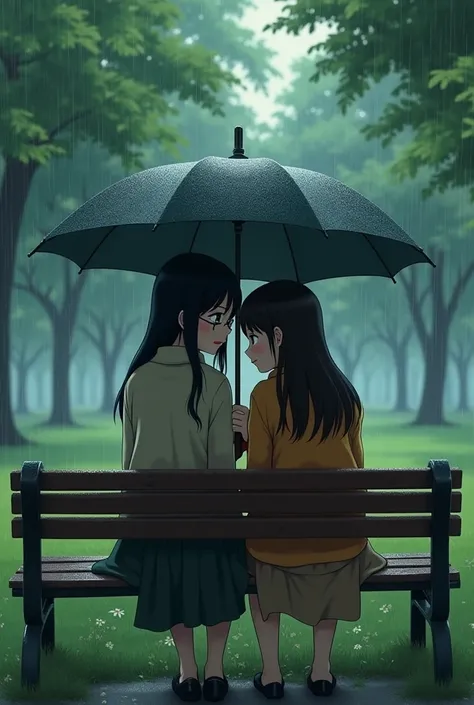 Two women sitting on a park bench, covering themselves from the rain with an umbrella, one of them tall with straight black hair and glasses and the other short with straight dark brown hair and big cheeks.