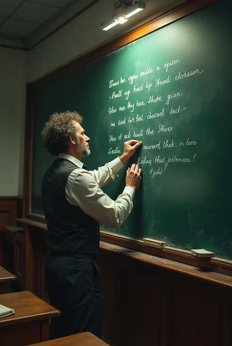 A male professor is writing a poem on the board and this professor is a bit of a nutcase