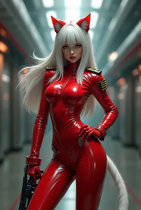 Neko Girl in red-white military latex  officer suit 