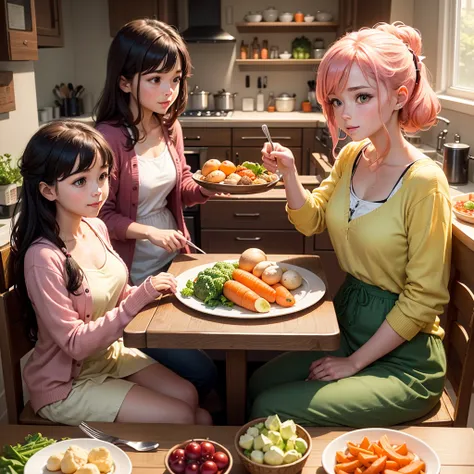 Create the image shows two people sitting at a kitchen counter, enjoying a meal together. The person on the left is wearing a pink cardigan and a white blouse, while the person on the right is dressed in a brown cardigan and a green shirt, both are holding...