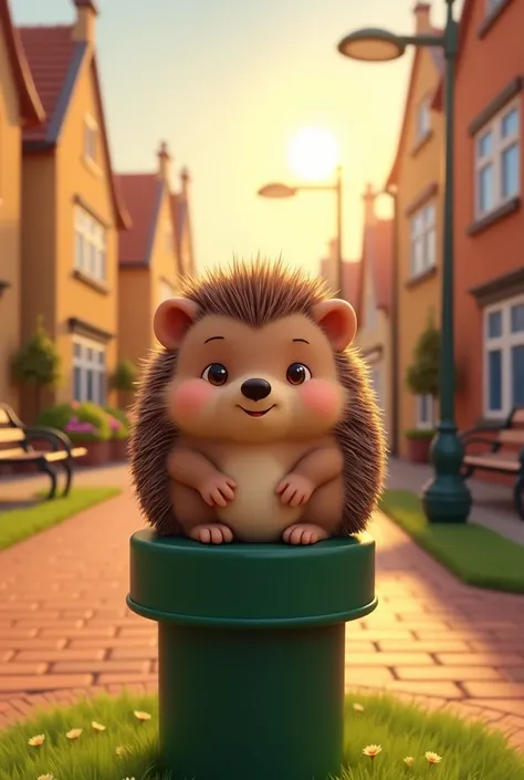 A happy brown hedgehog on top of a green pipe in a square at sunset