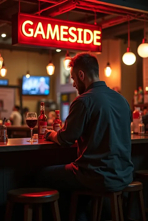 A man takes a cock in front of a bar called GAMESIDE