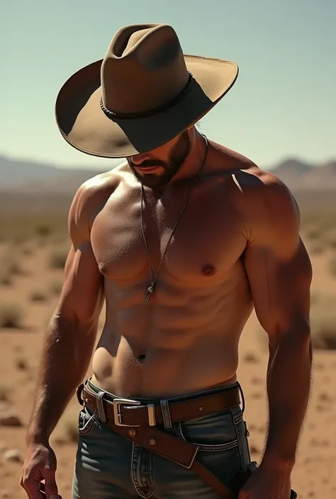 Shirtless cowboy with hat, head down and ripped abs