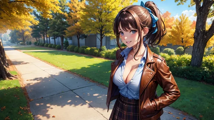 1girl, solo, trees, sun, clouds, autumn, colorful trees, falling leaves, ((brown hair)), ponytail, large breasts, ((brown leather jacket)), button down shirt, ((blue checked shirt)), ((unbuttoned shirt)), unbuttoning buttons, ((full cleavage)), blue eyes, ...