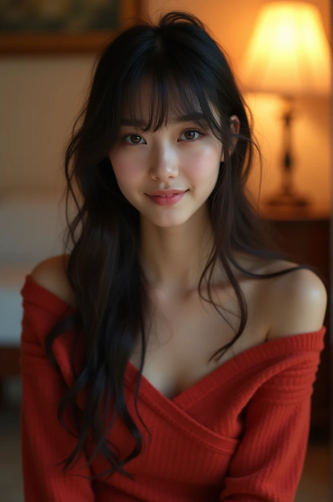 ​masterpiece, best quality, High resolution, extremely detail, slight smile, a woman with long dark hair and bangs, light blue eyes, a beautiful girl looks into the camera, Front view, ((off-shoulder light red sweater,)) bare legs, natta, warm interior, Pi...