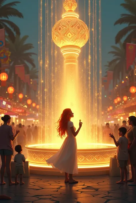 A big wish glowing magical fountain, almost unnatural , a colouful festival going on and people are all around, some making wishes too. But the main focus is on the Pretty girl making a wish with a gold coin, she has orange hair.