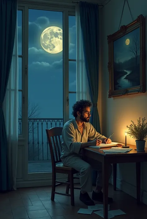 creates the image of a man sitting alone in a chair next to his balcony creating poems next to the window with a moon and a serene night with a painting that holds an empty landscape 