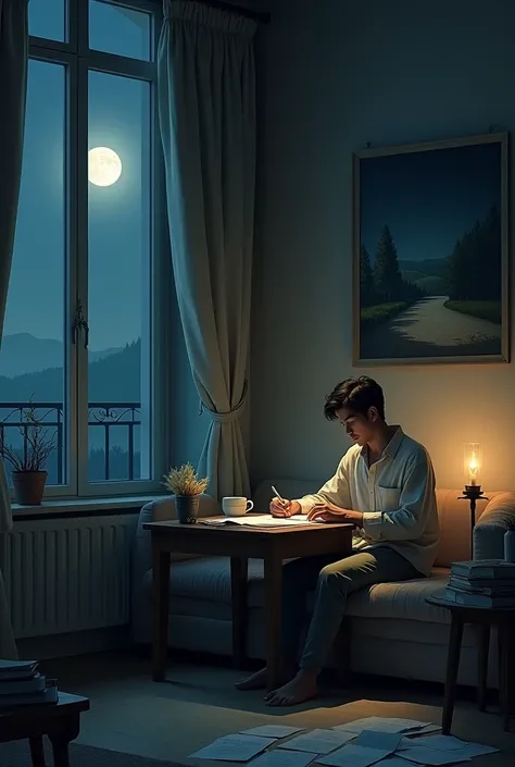 creates the image of a man sitting alone in a chair next to his balcony creating poems next to the window with a moon and a serene night with a painting that holds an empty landscape 