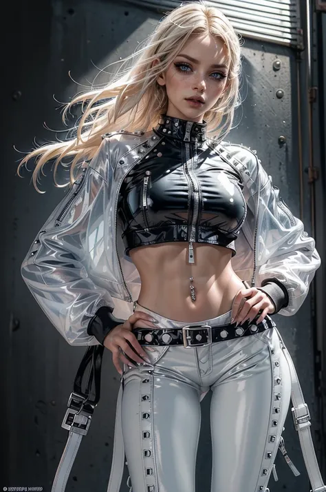 cowboy shot,a pretty 2 girl,blond hair,blue eyes,lora_Emma,slim athletic body,thin waist,punk,(shiny ultra glossy white latex crop top),(shiny ultra glossy white latex pants with multiple zippers),(((long navel piercing))),white studded collar,empty studio...