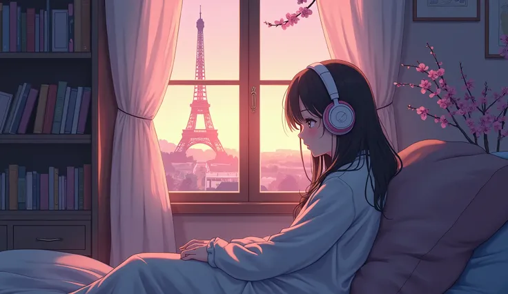 Anime Style, (Dreamy Art), (Soft Focus), Cozy Room Setting, Girl with Headphones, [(lofi beats:1.3)|ambient music], (Anime Art), [(Cherry Blossoms|Bookshelf:0.5)], [Reflective Surface:0.8], [(Pastel Colors:1.2)|Subdued Tones], [(Attention to Detail:1.1)], ...