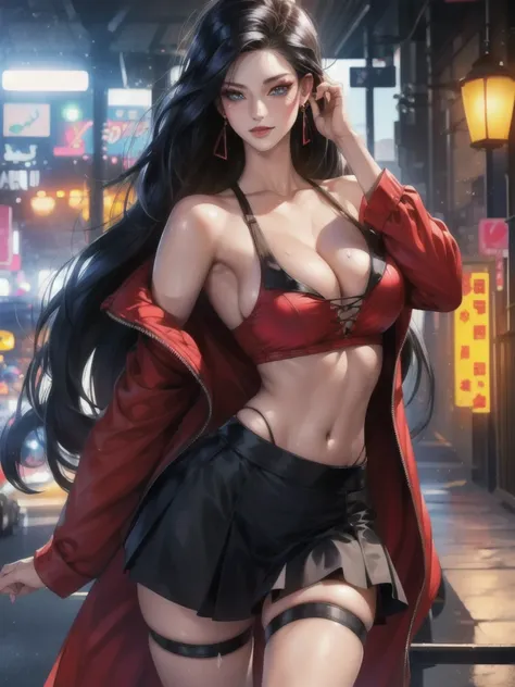 score_9, score_8_up, score_7_up, sexy Asian female, solo, cut-out black skirt, short red jacket, black transparent top, garters, meddle breasts, barely visible nipples, very long tied black straight hair, accessories, dark makeup, beautiful eyes, sunglasse...