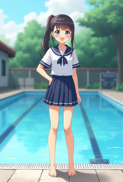 Standing by the empty school pool、middle School girls、ponytail、Summer uniform、Shaved pussy、barefoot、Cute Face、smile、Full body portrait