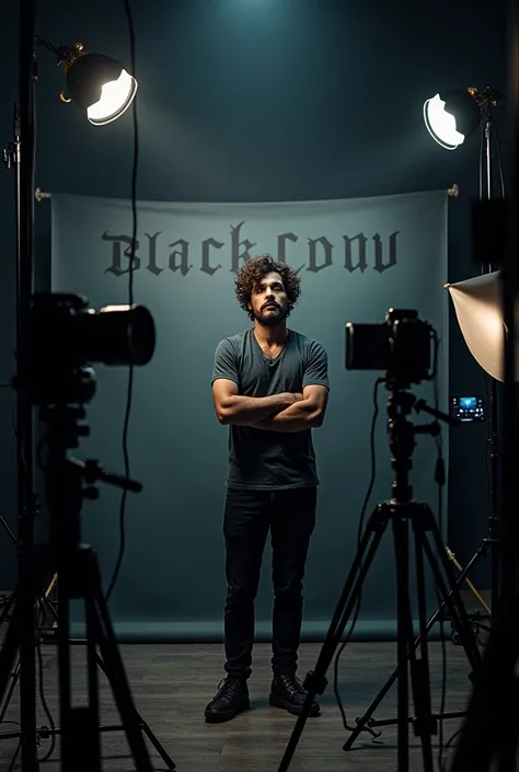  Photographic studio with  1 messy medium curly hair man in it doing a photoshoot  to a mans client. studios name is blackcrow in blackletter font