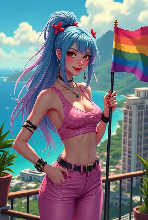 create a full body one the hair is long and tied up the color blue and pink highlights it is an emo outfit it is a pink sauto she will use red makeup it is a black look (create it in a kauai style) she is on top of a building and she is holding a pansexual...