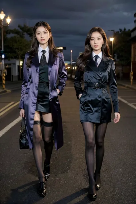 highest quality，ridiculous，Dramatic，2 Araf ladies wearing realistic silk coats，2 female students，Very detailed details of the face，Real skin texture，HD Skin，Delicate face, Perfect body，Long legs，Pantyhose，Night view，Standing in the school square, Still ima...