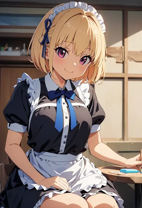 (Highest quality:1.2, 4K, 8k, Studio Anime, Very detailed, up to date, Vibrant, Attention to detail, High Contrast, masterpiece:1.2, Highest quality, Best aesthetics), (((1 girl))), Sitting, maid, maid服, Blue Ribbon, Frills, Lick:1.2, smile, Popsicles, 舌を出...