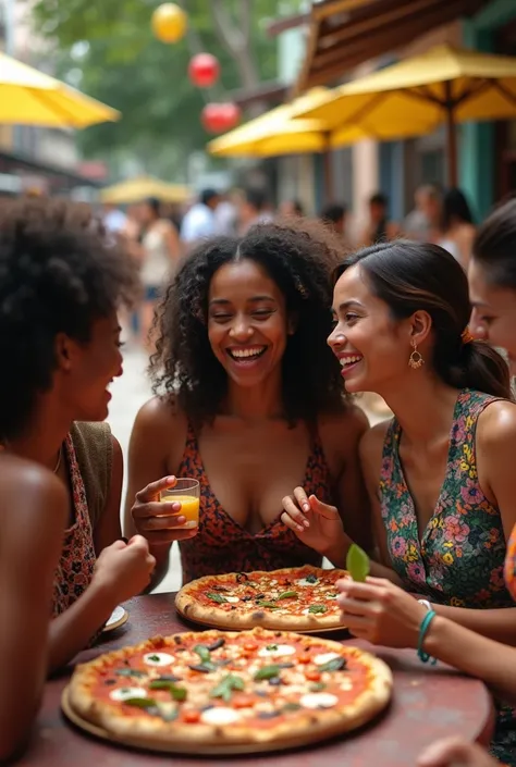 African woman accompanied by Asian woman and accompanied by American woman eating pizza in Brazil