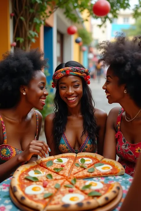 African woman accompanied by Asian woman and accompanied by American woman eating pizza in Brazil