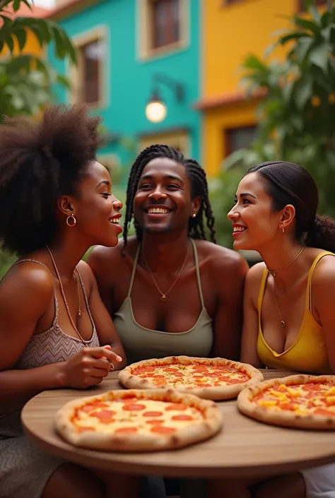 african woman , American and an Asian eating pizza in Brazil .