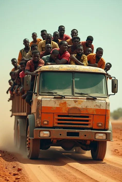 Generated an image of a truck in the color of the flag of Niger, full of desperate passengers, the truck has no tires 