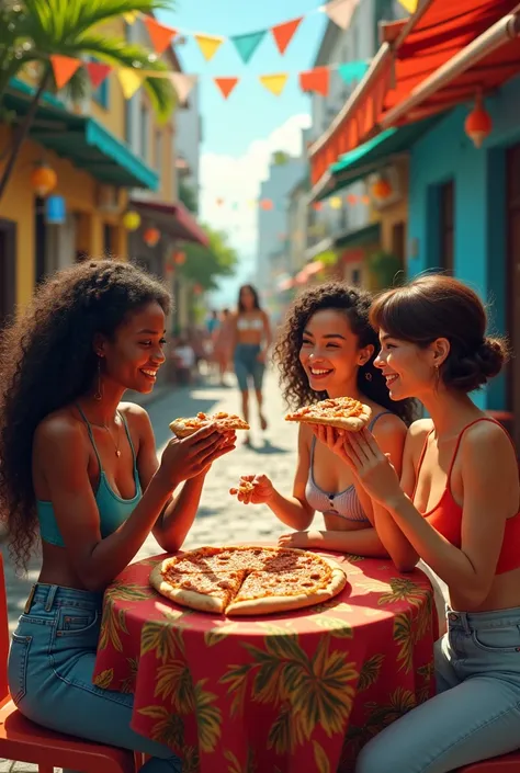 African woman accompanied by Asian woman accompanied by an American woman eating pizza in Brazil